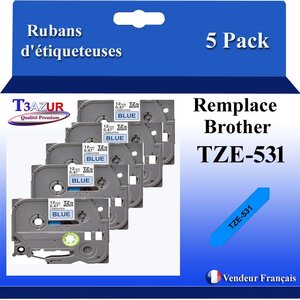 5x  Rubans d'étiqueteuses compatibles avec Brother Tze531  Tze-531 pour étiqueteuses P-touch - Texte noir sur fond bleu - T3AZUR