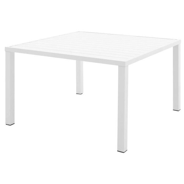 Ensemble repas de jardin encastrable 4 personnes- table 125 x 125 cm - plateau en aluminium + 4 fauteuils - Blanc & Coussins Gris Clair