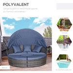 Lit canapé de jardin modulable grand confort pare-soleil pliable 5 coussins 3 oreillers 180L x 175l x 147H cm résine tressée grise polyester bleu