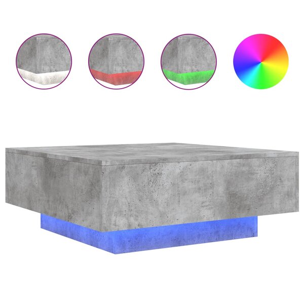 vidaXL Table basse avec lumières LED gris béton 80x80x31 cm