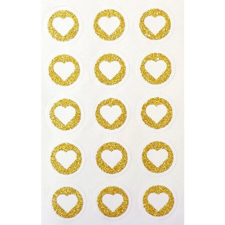 60 stickers ronds Ø 2,6 cm avec coeur en paillettes - Doré