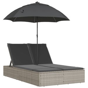 vidaXL Chaise longue double avec coussins et parasol gris clair rotin