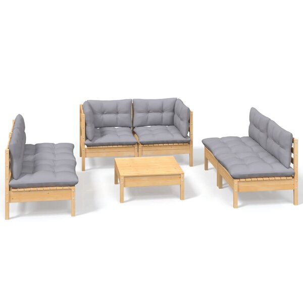 vidaXL Salon de jardin 7 Pièces avec coussins gris bois de pin massif