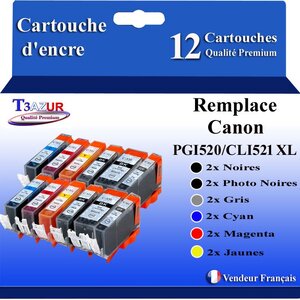 T3AZUR - 12x Cartouches compatibles avec Canon CLI521 CLI-521 XL pour Canon Pixma MP980  MP990