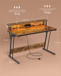Bureau gaming avec led et multiprise table gamer bureau informatique avec rehausseur d’écran pour 2 ordinateurs pour chambre 55 x 135 x 76 cm noir boisé 12_0004629
