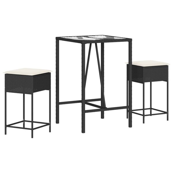vidaXL Ensemble de bar de jardin 3 Pièces avec coussins noir poly rotin
