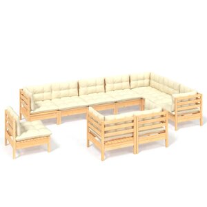 Salon de jardin meuble d'extérieur ensemble de mobilier 10 pièces avec coussins crème bois de pin solide 02_0015020