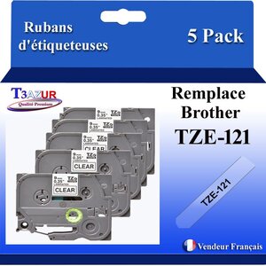 5x Rubans d'étiqueteuses compatibles avec Brother Tze121  Tze-121 pour étiquateuses P-touch - Texte noir sur fOnd traîsparent - Largeur 9 mm x 8 mètres - T3AÚUR
