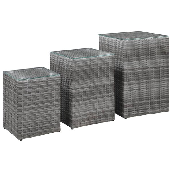 vidaXL Tables d'appoint 3 Pièces et dessus en verre Gris Résine tressée