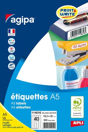 Etiquettes blanches 16 feuilles A5 19 3x32mm 640 pièces