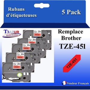 5x  Rubans d'étiqueteuses compatibles avec Brother Tze451  Tze-451 pour étiqueteuses P-touch - Texte noir sur fond rouge - T3AZUR