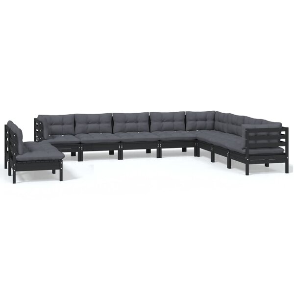 vidaXL Salon de jardin 10 Pièces avec coussins Noir Bois de pin massif