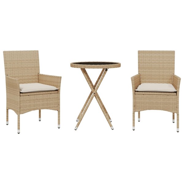 vidaXL Ensemble de bistro avec coussins 3 Pièces beige rotin et verre