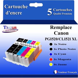 T3AZUR - 5x Cartouches compatibles avec Canon PGI520 CLI-521 XL pour Canon Pixma iP3600 iP4600 iP4700 MP540 MP550 MP560