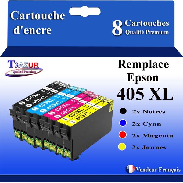 T3AZUR - 8x Cartouches compatibles avec Epson WorkForce Pro WF-7835DTWF  WF-7840DTWF (2Noires + 2Cyan + 2 Magenta + 2 Jaunes)