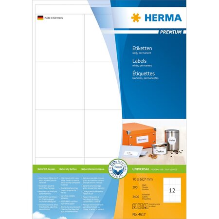 Etiquettes premium sur 200 feuilles a4, 70,0 x 67,7 mm, blanc herma