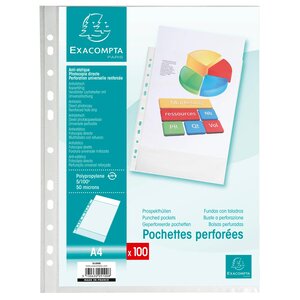Sachet De 100 Pochettes Perforées Polypropylène Grainé 5/100e - A4 - Cristal - X 10 - Exacompta