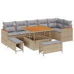 Ensemble de canapé de jardin 9 pièces avec coussins Beige Poly Rattan Acacia