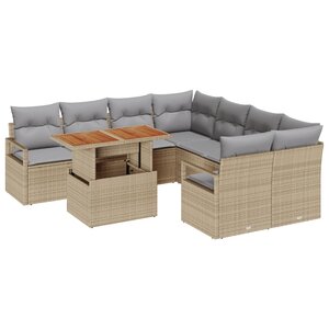 Ensemble de Canapés de Jardin de 9 Pièces avec Coussins Beige Rattan Poly Acacia