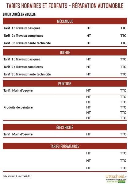 Affichage des tarifs horaires des réparations automobiles - A3 UTTSCHEID