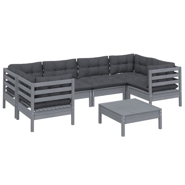 Salon de jardin meuble d'extérieur ensemble de mobilier 7 pièces avec coussins gris bois de pin 02_0017185