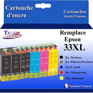 T3AZUR - 10x Cartouches Compatibles avec Epson 33XL 33 XL remplace Epson XP530 XP540 XP540 XP630 XP635 XP640 XP645 XP7100 XP830 XP900