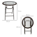 Table ronde bistro de jardin pliable dim. Ø 68 x 73H cm métal époxy résine tressée chocolat plateau verre trempé