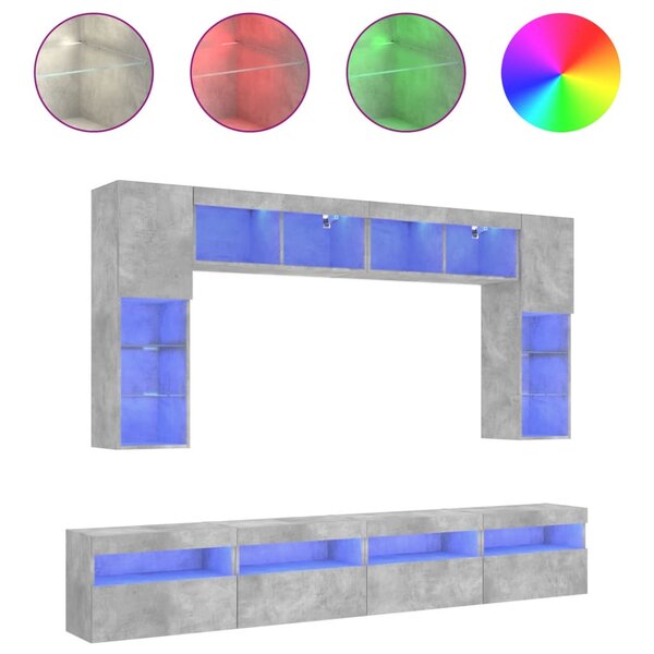 vidaXL Ensemble de meubles TV muraux 8 Pièces et lumières LED gris béton