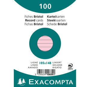 Paquet de 100 Fiches Bristol A6 rose ligné. s/s film EXACOMPTA