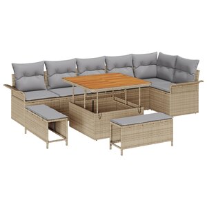 Ensemble de canapé de jardin 9 pièces avec coussins beige poly rotin acacia