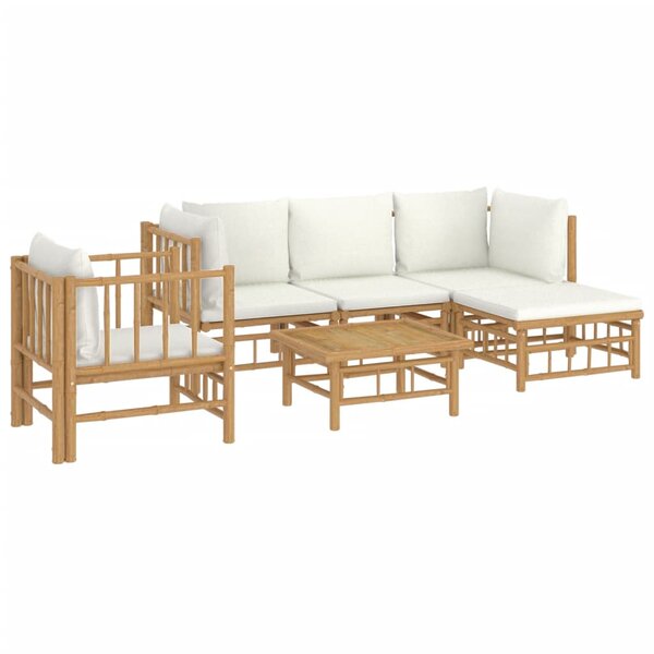 Salon de jardin meuble d'extérieur ensemble de mobilier 6 pièces avec coussins blanc crème bambou 02_0016636