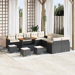 Ensemble de canapé de jardin de 14 pièces avec coussins noir poly rotin acacia