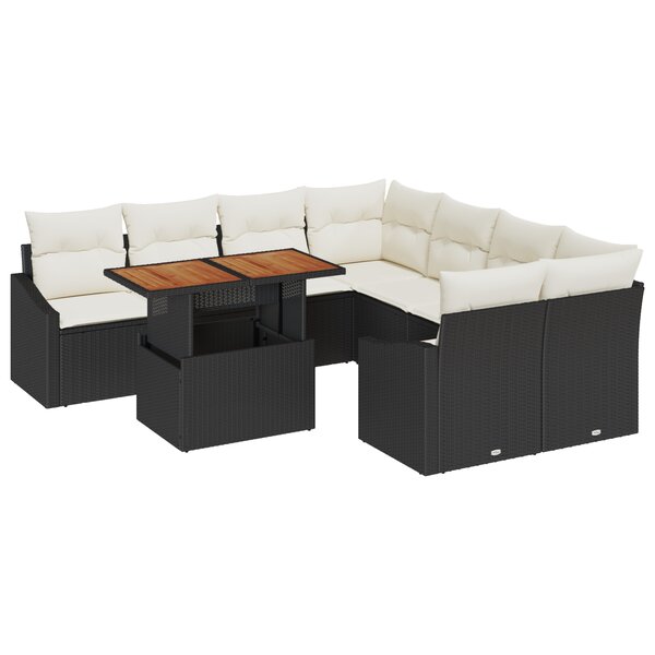 vidaXL Set de salle à manger de jardin 9 pièces avec coussins en poly rotin noir et acacia