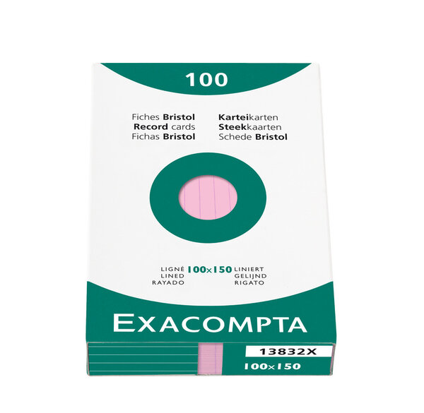 Étui de 100 fiches bristol ligné non perforé 100x150mm Rose x 10 EXACOMPTA