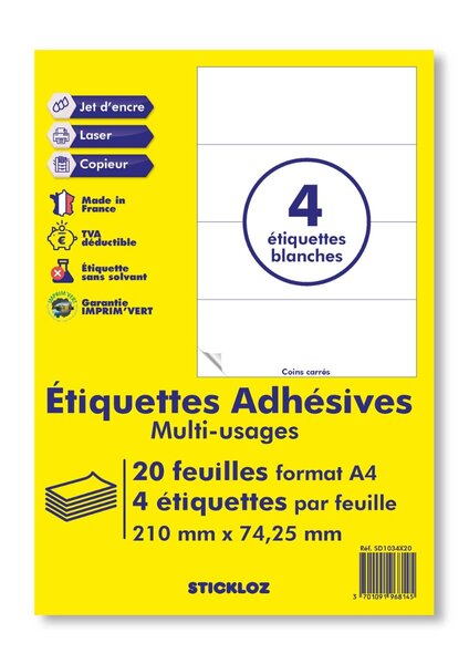 20 planches a4 - 4 étiquettes 210 mm x 74,25 mm autocollantes blanche par planche pour tous types imprimantes - jet d'encre/laser/photocopieuse