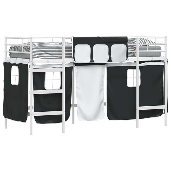vidaXL Cadre de Lit Mezzanine pour Enfants avec Rideaux Blanc et Noir