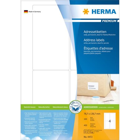 Etiquettes universelles premium, 78,7 x 139,7 mm, blanc 400 sur 100 feuilles herma