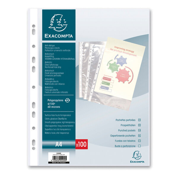 Sachet de 100 pochettes perforées polypropylène lisse 6/100e A4 Cristal EXACOMPTA
