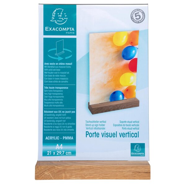 Porte-visuel Avec Socle En Bois Vertical A4 - Cristal - X 10 - Exacompta