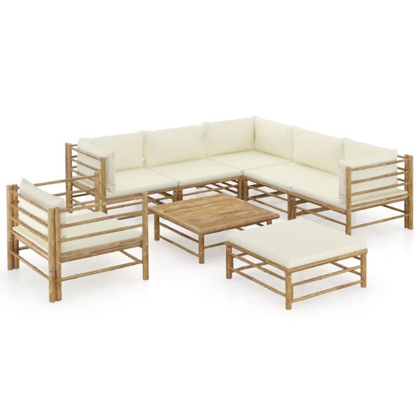 Salon de jardin meuble d'extérieur ensemble de mobilier 8 pièces avec coussins blanc crème bambou 02_0017482