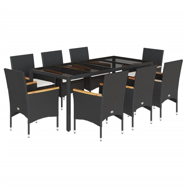 vidaXL Ensemble à manger de jardin et coussins 9 Pièces noir rotin verre