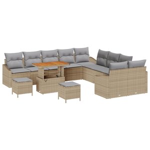 Ensemble 13 pièces de canapé de jardin avec coussins beige poly rotin acacia