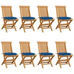 vidaXL Chaises de jardin et coussins bleu lot de 8 Bois de teck massif