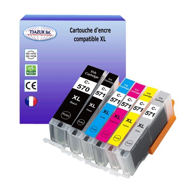 6 Cartouches compatibles  Canon Pixma MG6853, MG7750, MG7751, MG7752, MG7753 remplace Canon PGI-570, CLI-571 XL - T3AZUR