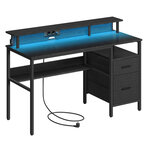 Bureau gaming avec lumières led et multiprise 55 x 135 x 90 cm bureau informatique avec support d'écran table avec rangement 2 tiroirs 2 ports usb pour bureau noir 12_0004636