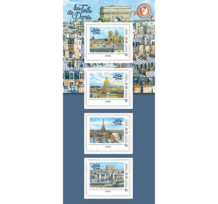 Collector 4 timbres - Toits de Paris - Arc de Triomphe - International