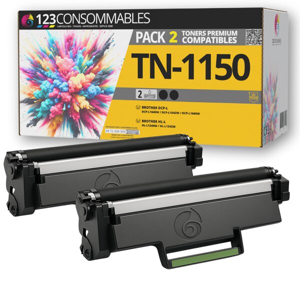 123CONSOMMABLES - TN-1150 - Pack 2 Toners Compatibles avec Brother TN1150 – Noir – pour Brother DCP-L1640W L1642W L1660W  HL-L1240W L1242W L1242WXL