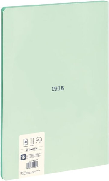 Cahier collé  papier quadrillé  48 pages A4  série 1918  vert