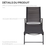 Bain de soleil pliable transat inclinable 5 positions chaise longue grand confort avec accoudoirs dim. 152L x 65l x 100H cm métal époxy textilène gris