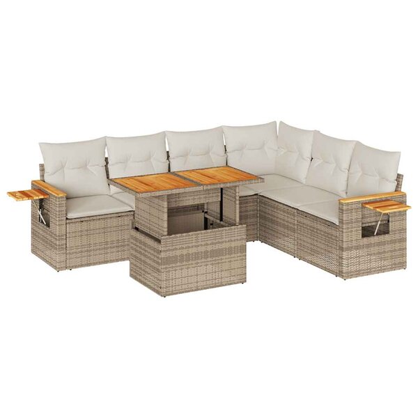 vidaXL Salon de jardin avec coussins 7 Pièces beige résine tressée acacia